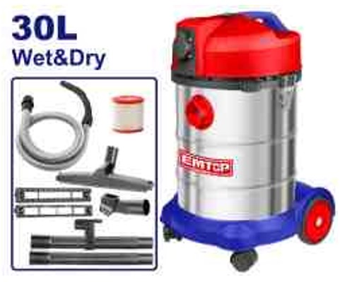 Professional 1400W Wet Dry Vacuum Cleaner 220-240V Stainless Steel - 30L Capacity 16-18KPa Pressure 1.9CBM/min Air Flow HEPA Filter Included